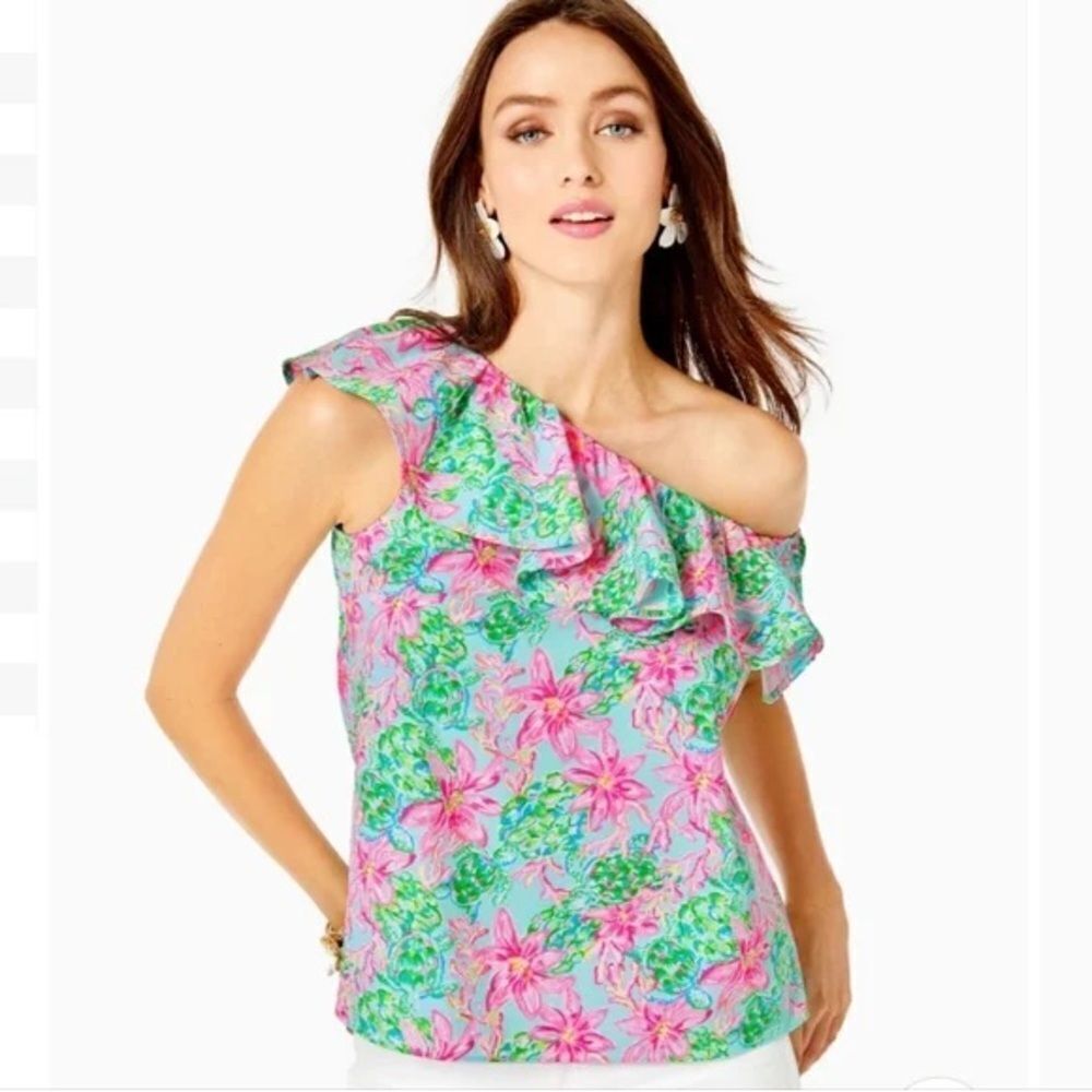 Lilly Pulitzer Zeldie One-Shoulder Top Size XXS Surf Blue So Shellegant Ruffled